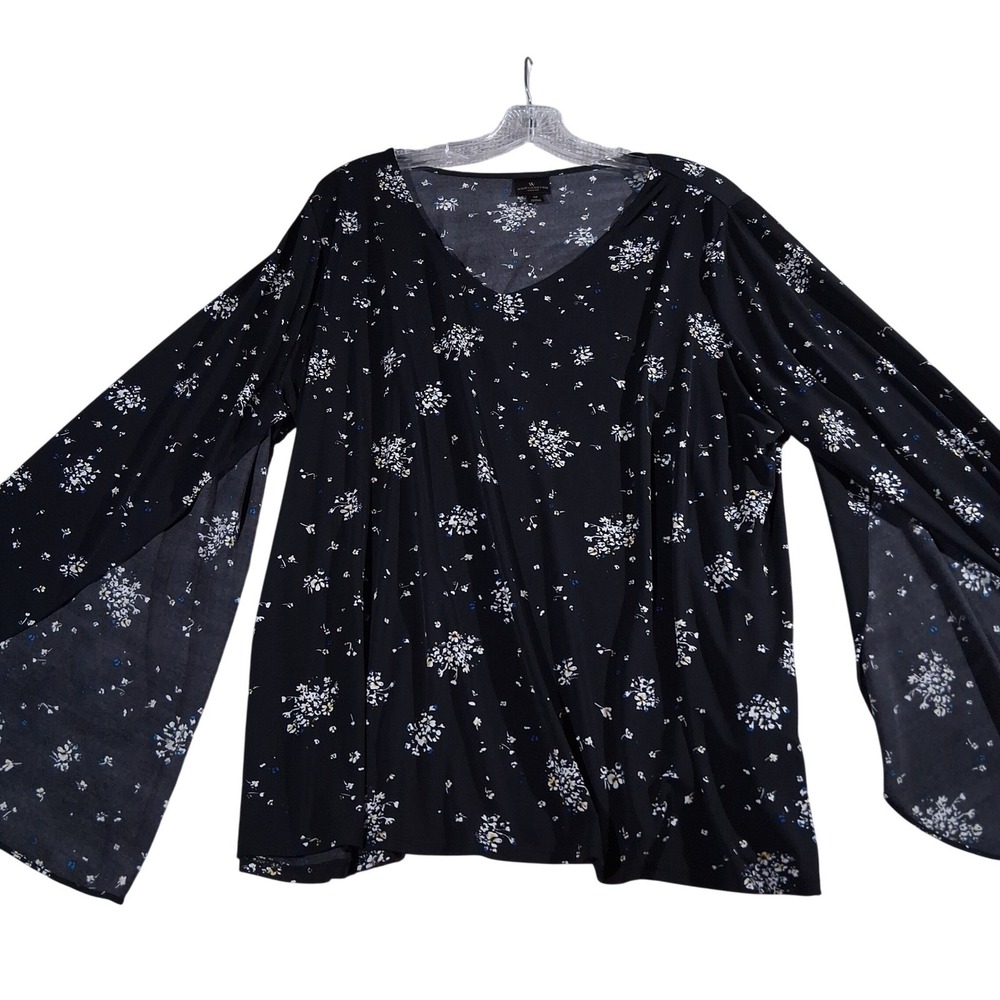 Floral Black V-Neck Split Bell Sleeve Blouse Womens 1X Casual Office Bohemian